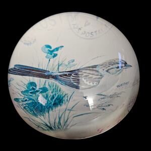 Vintage Bird Paperweight Blue White Sparrow Design Glass Dome